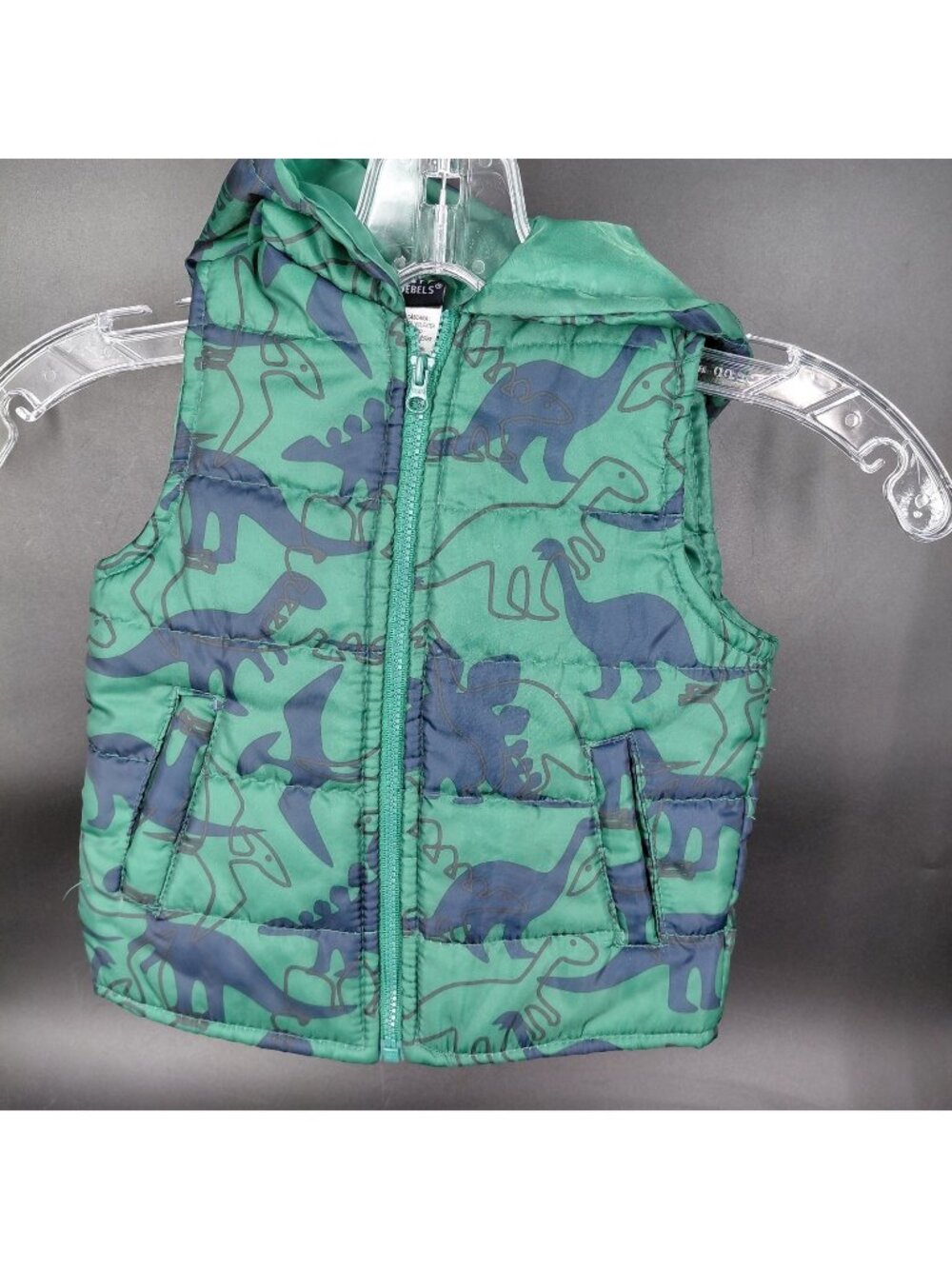 Vest Boys 18M Green Hooded Quilted Dinosaur Puffer Zip Warm Sleeveless Jacket